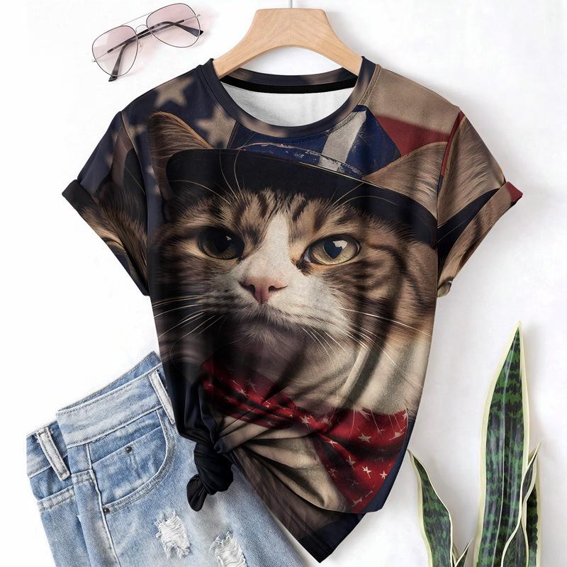 

Summer Round Neck 3D Cat & American Flag Print Top Fashionable Casual Short Sleeved Women s T-shirts XS