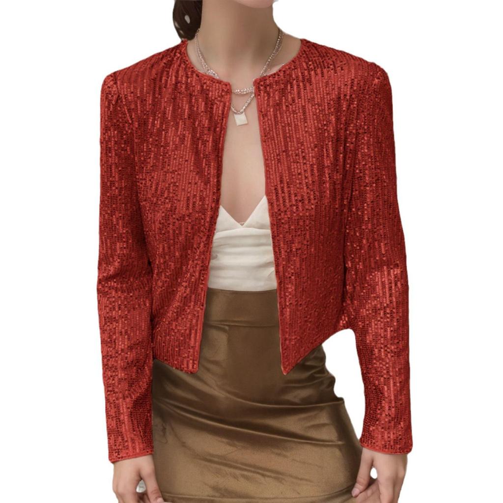 2025 Spring Women's Sequin Cardigan: Versatile Casual Solid Color, Round Neck, Long Sleeve