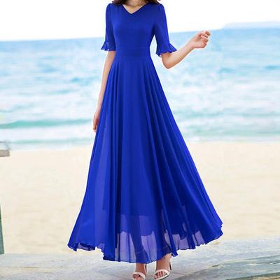 Scollo a V elegante moda manica corta tinta unita snello al ginocchio abiti A-LINE impero confortevole abbigliamento da donna in chiffon