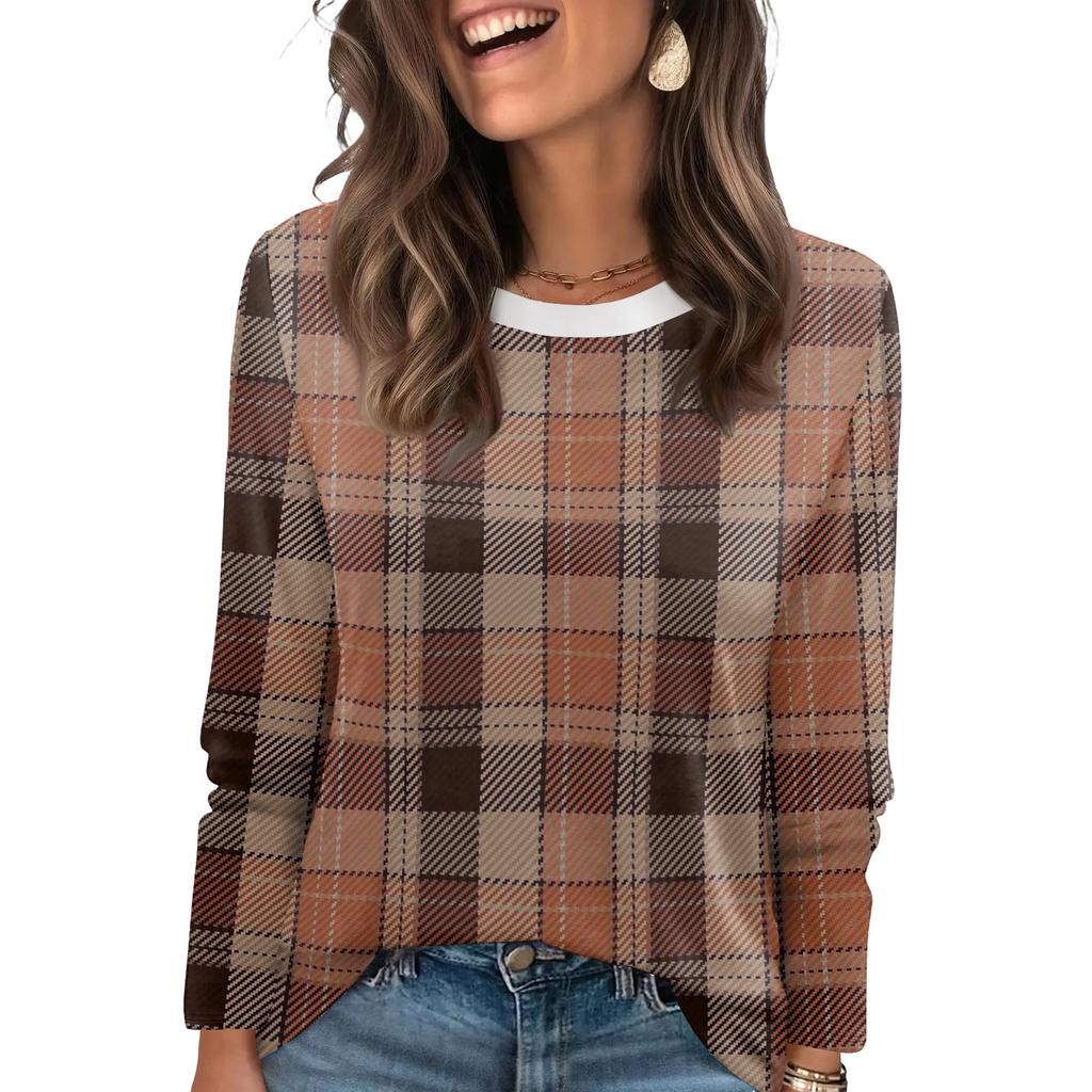 Ladies' Plaid Printed Fashionable Casual Round Neck Long Sleeved Round Neck Top