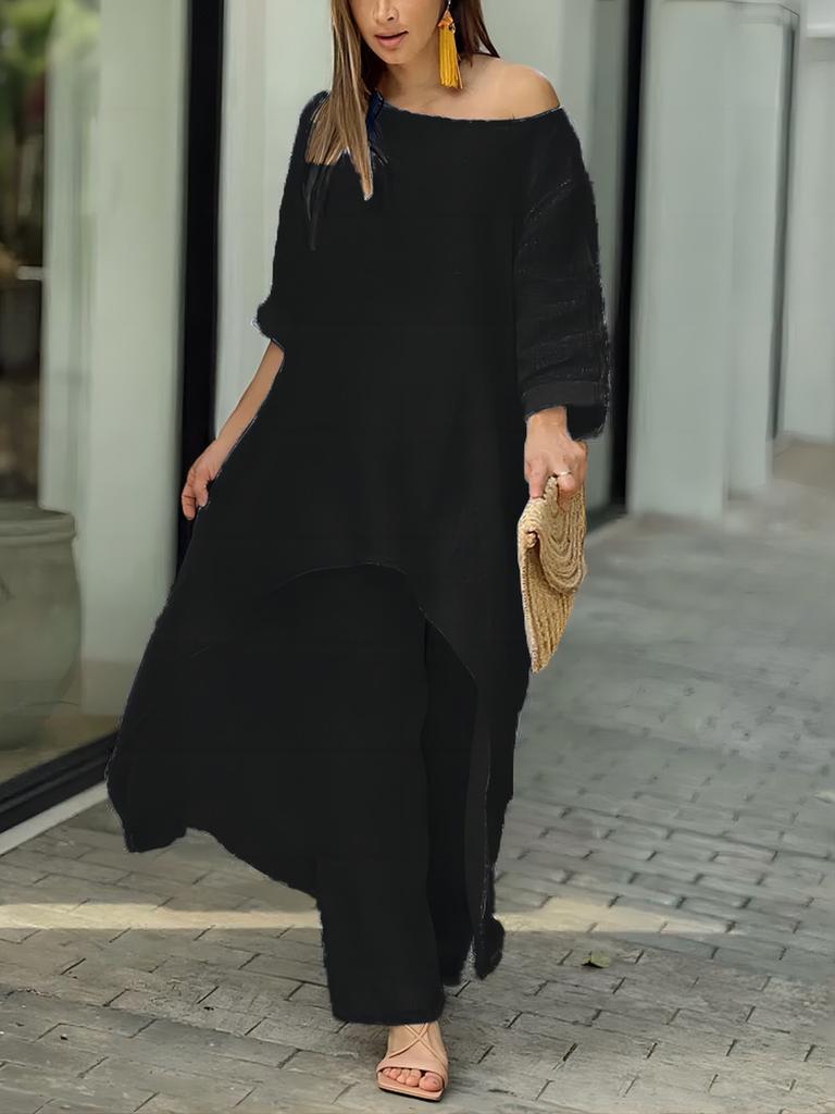 New Women's Cotton Linen Fashion Casual Plus Size Irregular Long Sleeve Set Wide Leg Pants Two Piece Outfit
