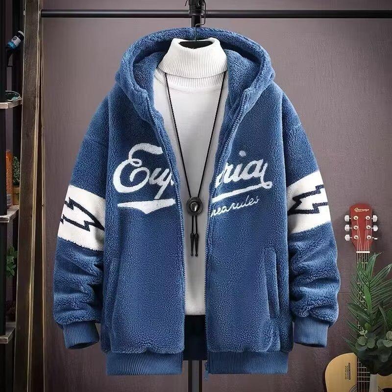 

Осінь-зима Чоловіче пальто з довгим рукавом і капюшоном, застібкою-блискавкою, кардиганом, літерним декором, товстим теплим вітрозахисним кишеням, вільною парною курткою з капюшоном XL синій