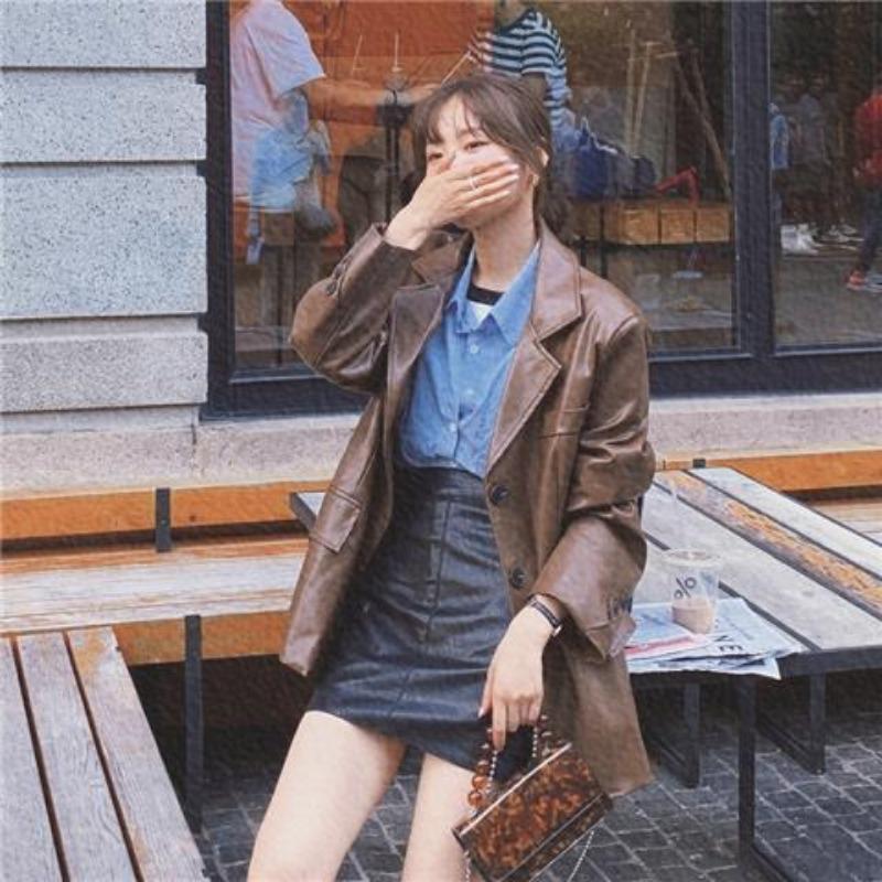 Coffee leather jacket women's spring and autumn new fashion loose small suit feeling blazer leather