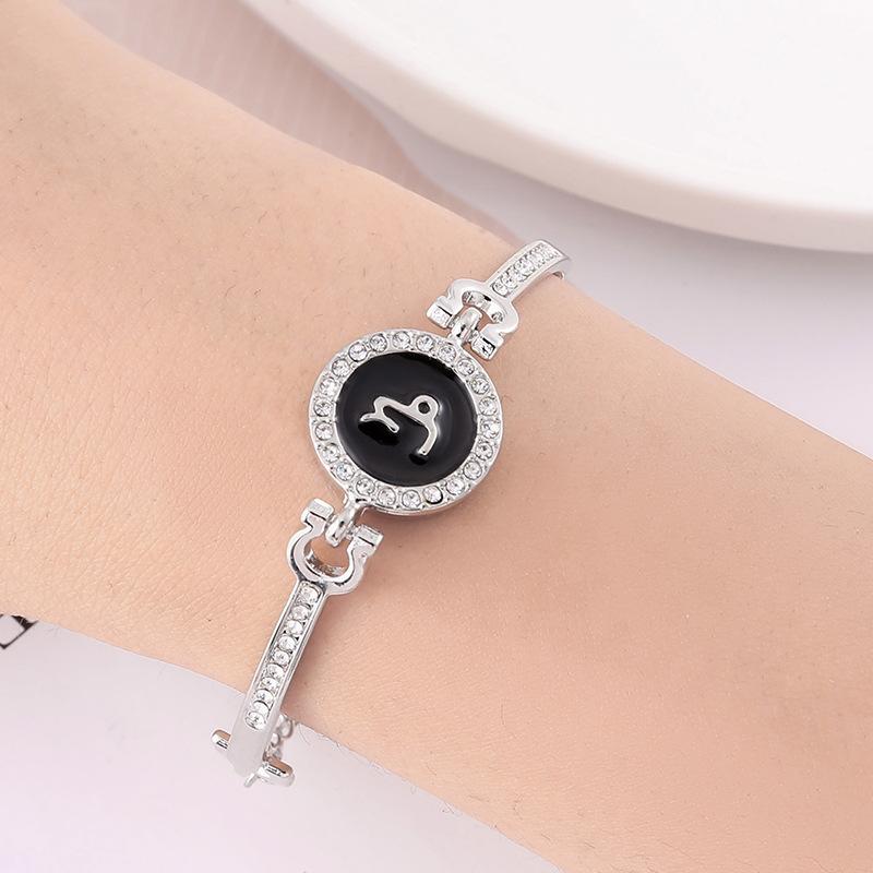 12 Zodiac Signs Bracelet for Women, Rose Gold Plated Inlaid Diamond Constellation Bangle, Fashion Couple Jewelry Gift