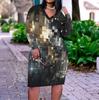 Damen Übergröße V-Ausschnitt Langarm Bedrucktes Geometrisches Polka Dot Gerades Midi-Kleid