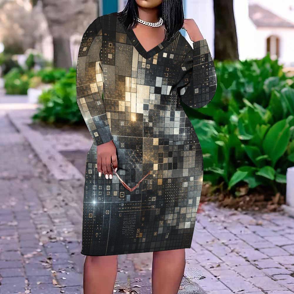 Damen Übergröße V-Ausschnitt Langarm Bedrucktes Geometrisches Polka Dot Gerades Midi-Kleid