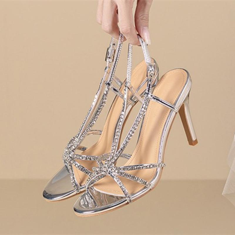 Fashion Luxury Rhinestone Narrow Strap Designer Heeled Sandals Women Summer Sexy Open Toe Silver High Heels Elegant Party Wedding Shoes