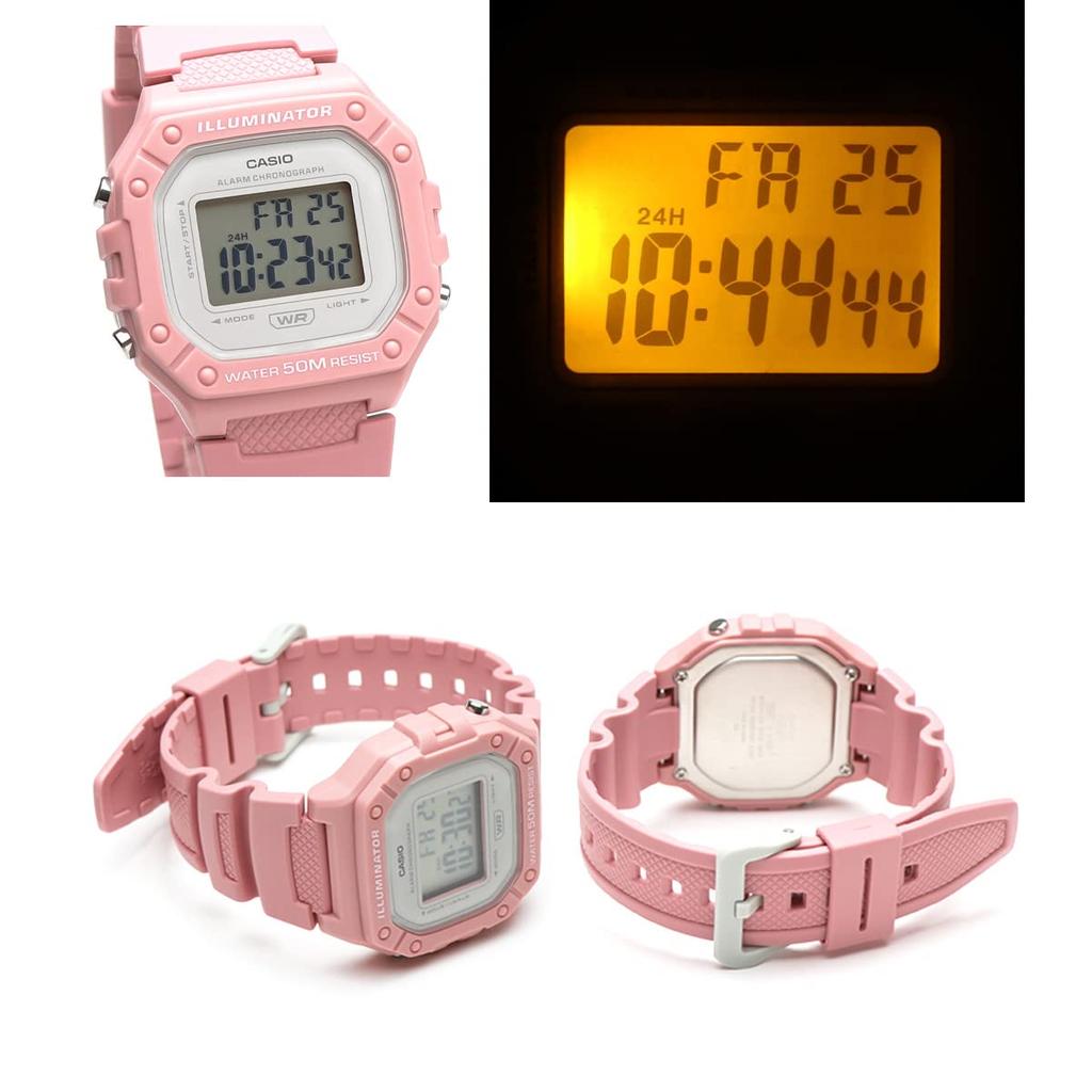 CASIO Uhr in Matt und Nuanciert für und W-218HC Rosa, Rauchig, Farben, Dünn, Leicht, Wasserdicht, Quadratisch, Digital, Herren, Damen, Kinder.