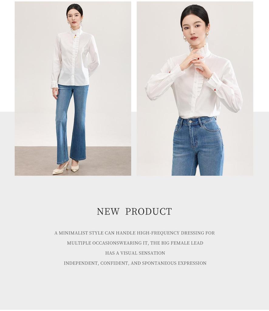 Damen Hemd aus reiner Baumwolle mit französischem Rüschenbesatz - Frühlings-Oberteil mit Micro-Flare Langarm