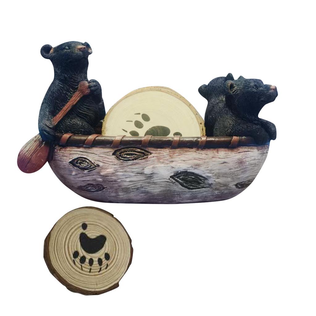 Bear Set Of 6 Full Size Rustic In Handmade Canoe With Adorable Black Bear Figurines | Black Bear Log Cabin Decorations, Rustic Decor For