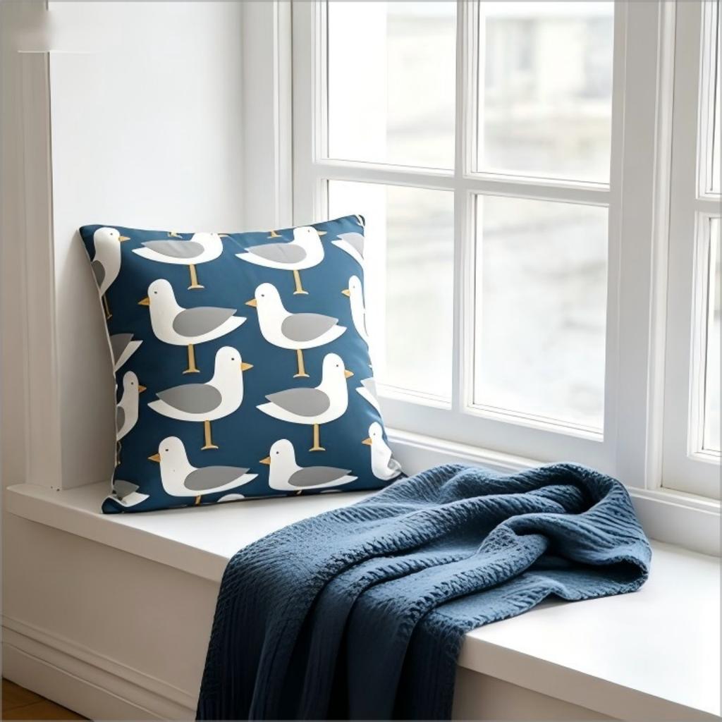 Küstenseemöwen-Print Kissenbezug Marineblau Niedliches Vogelmuster Kissenhülle Für Nautische Strandhaus-Dekoration Sofa