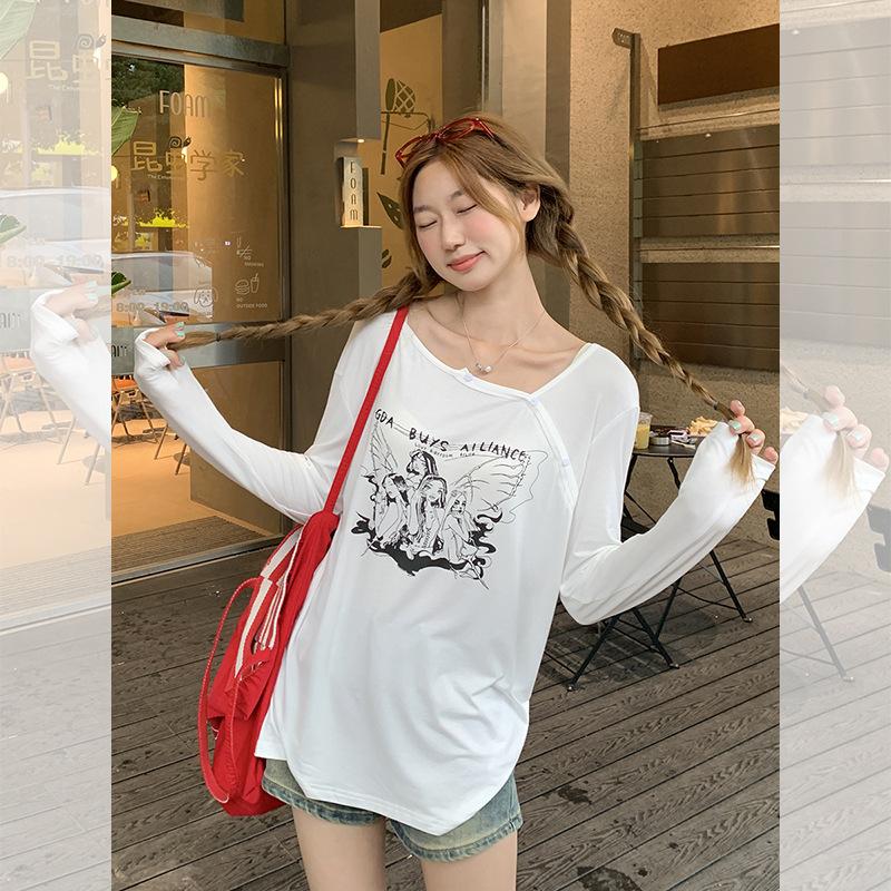 White Girly Anime Printed Long-sleeved Sunscreen Blouse T-shirt Women's Summer New Loose and Thin Top