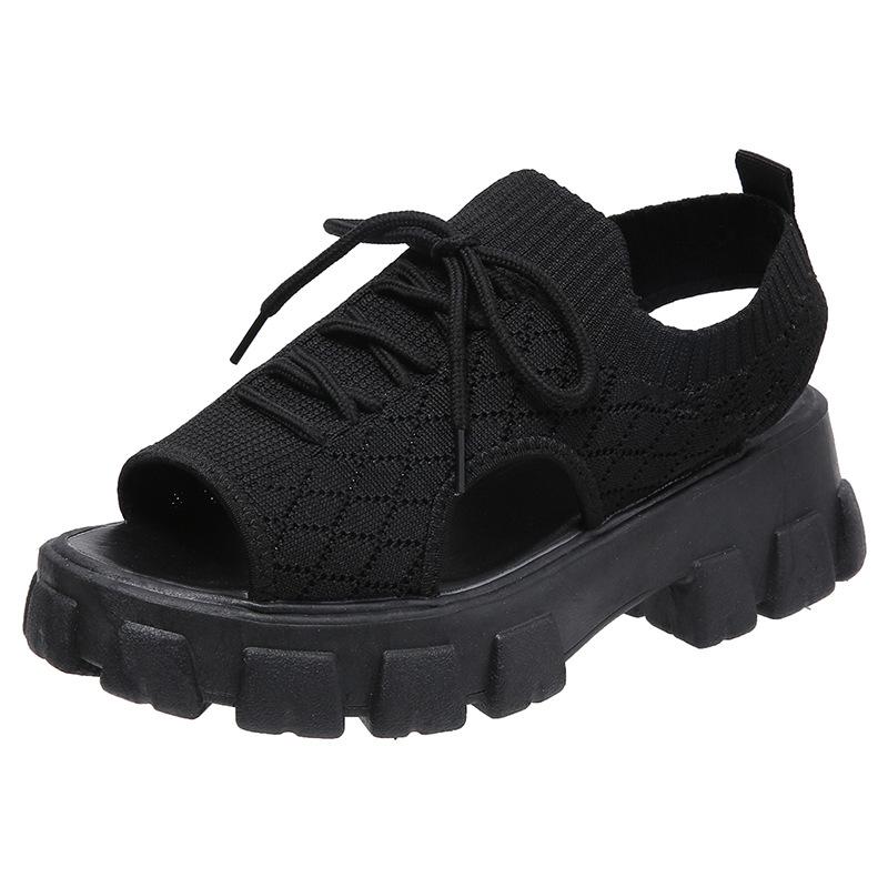 

Large size women s sandals summer European and American lace-up fish mouth shoes breathable mesh flying woven muffin platform casual sandals 35 чёрный