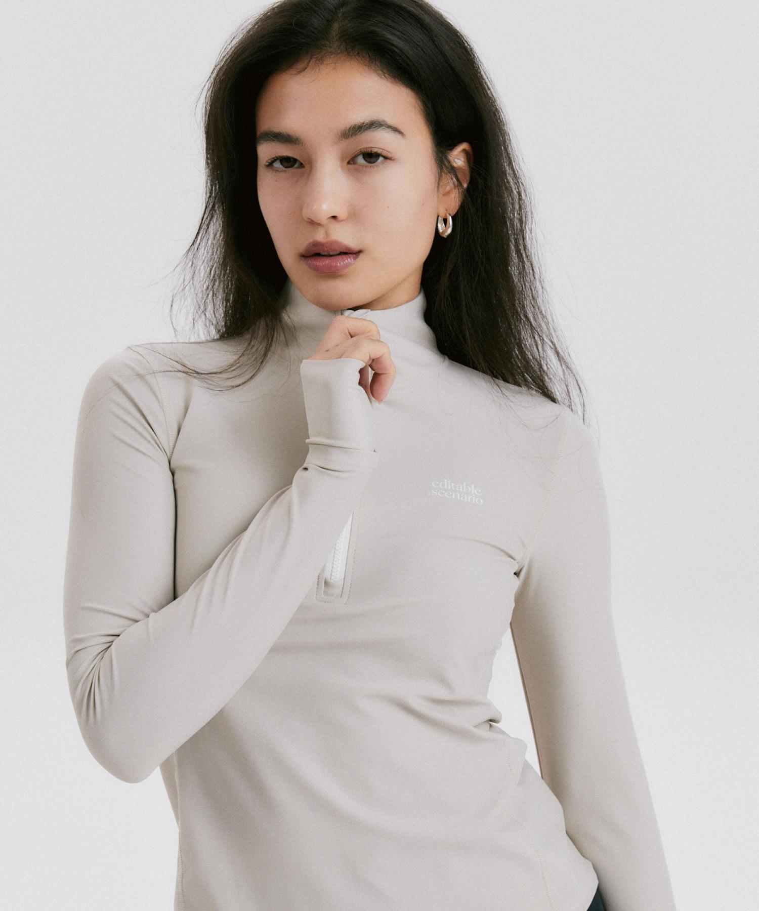 Editable Scenario High-Neck Zip-Up Top [Beige] Beige