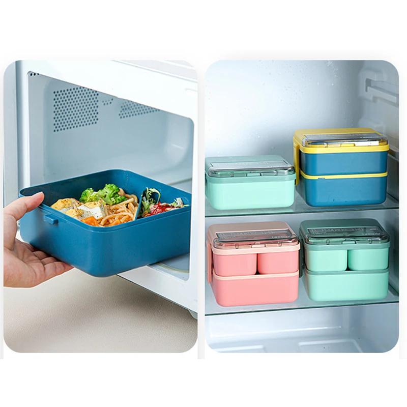 2 Layer Portable Leakproof Snack Lunch Bento Box Food Storage Container Office Kid Student Microwave Dinnerware Fork Spoon Set