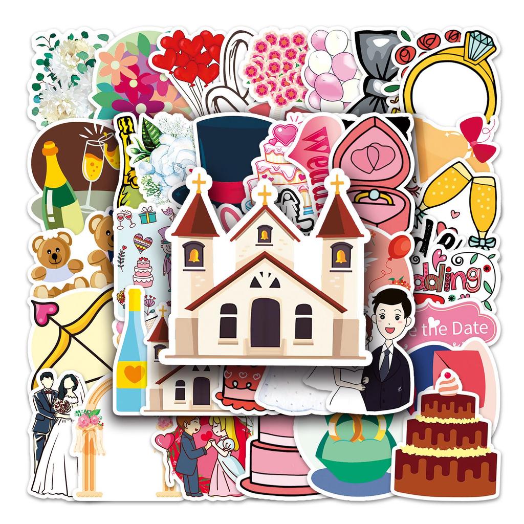 50-Pack Korean Wedding Cartoon Graffiti Stickers - Waterproof for Journals, DIY, Skateboards, and Luggage.