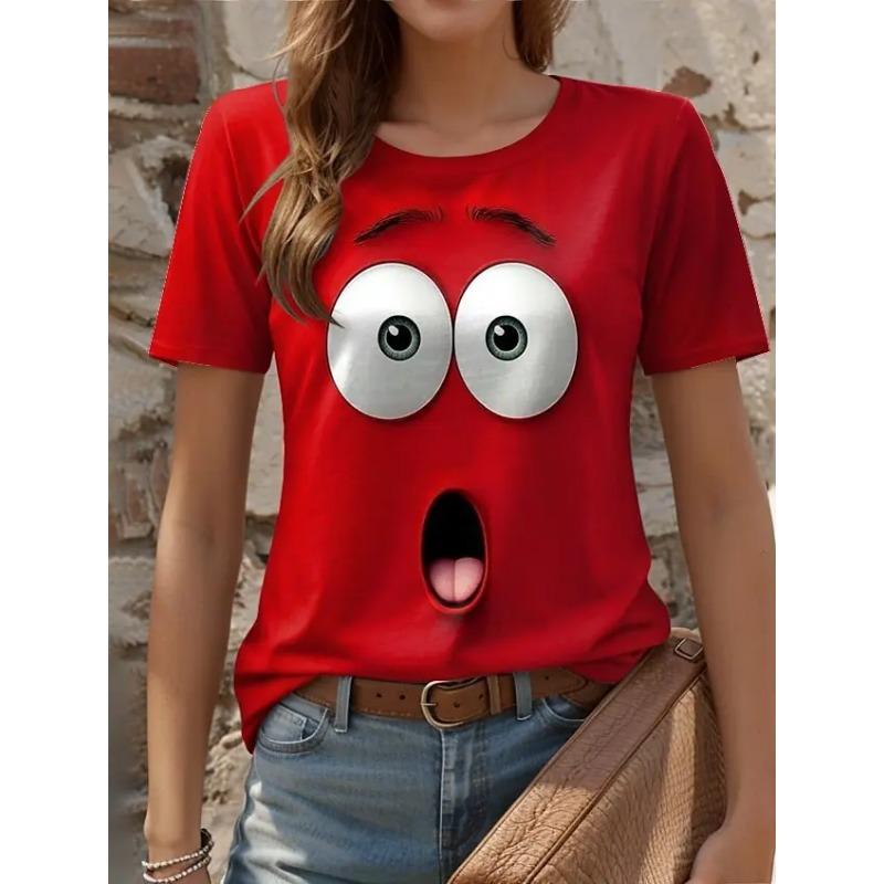 

Футболки с 3D-принтом и забавным выражением лица, летние повседневные топы с круглым вырезом, футболки с коротким рукавом и свободного кроя для женщин 6XL