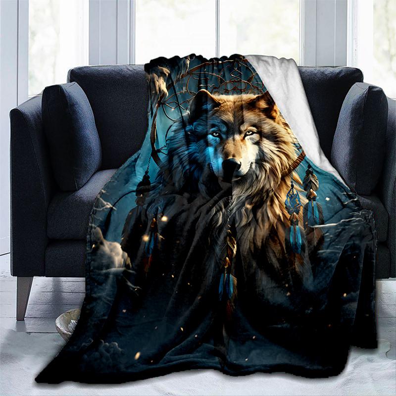Wolf Dreamcatcher Fleece Blanket  Bohemian Flannel Throw For Sofa/Bed,Native American Style Gift,Soft & Warm Digital Print Decor