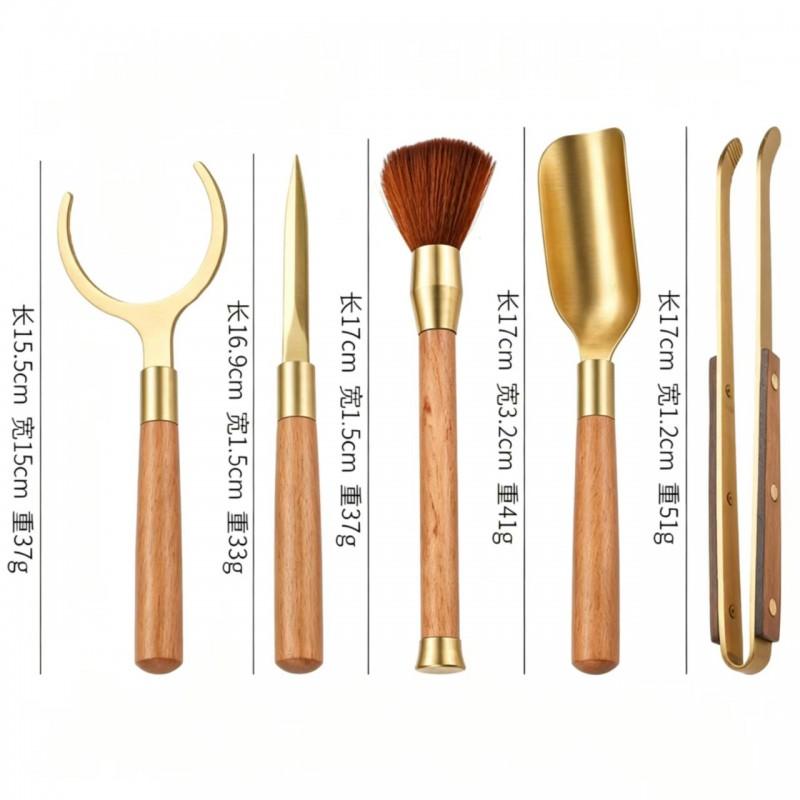 Brass Tea Ceremony Tools Set With Wooden Handle - Tongs Spoon Knife Brush Fork Gongfu Accessories