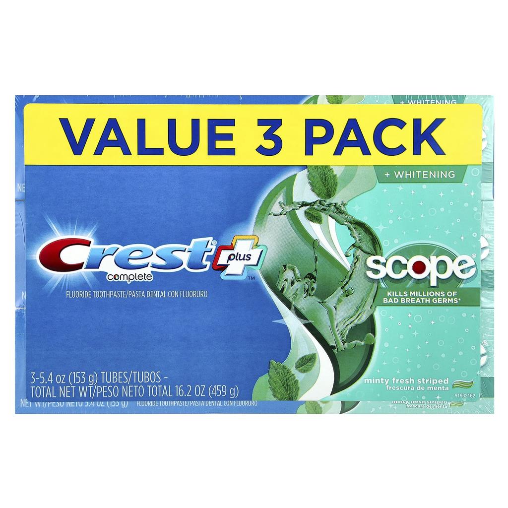 Complete Plus™, Scope® + Whitening, Fluoride Toothpaste, Minty Fresh Stripes, 3-Count, 153G (5.4Oz) Each