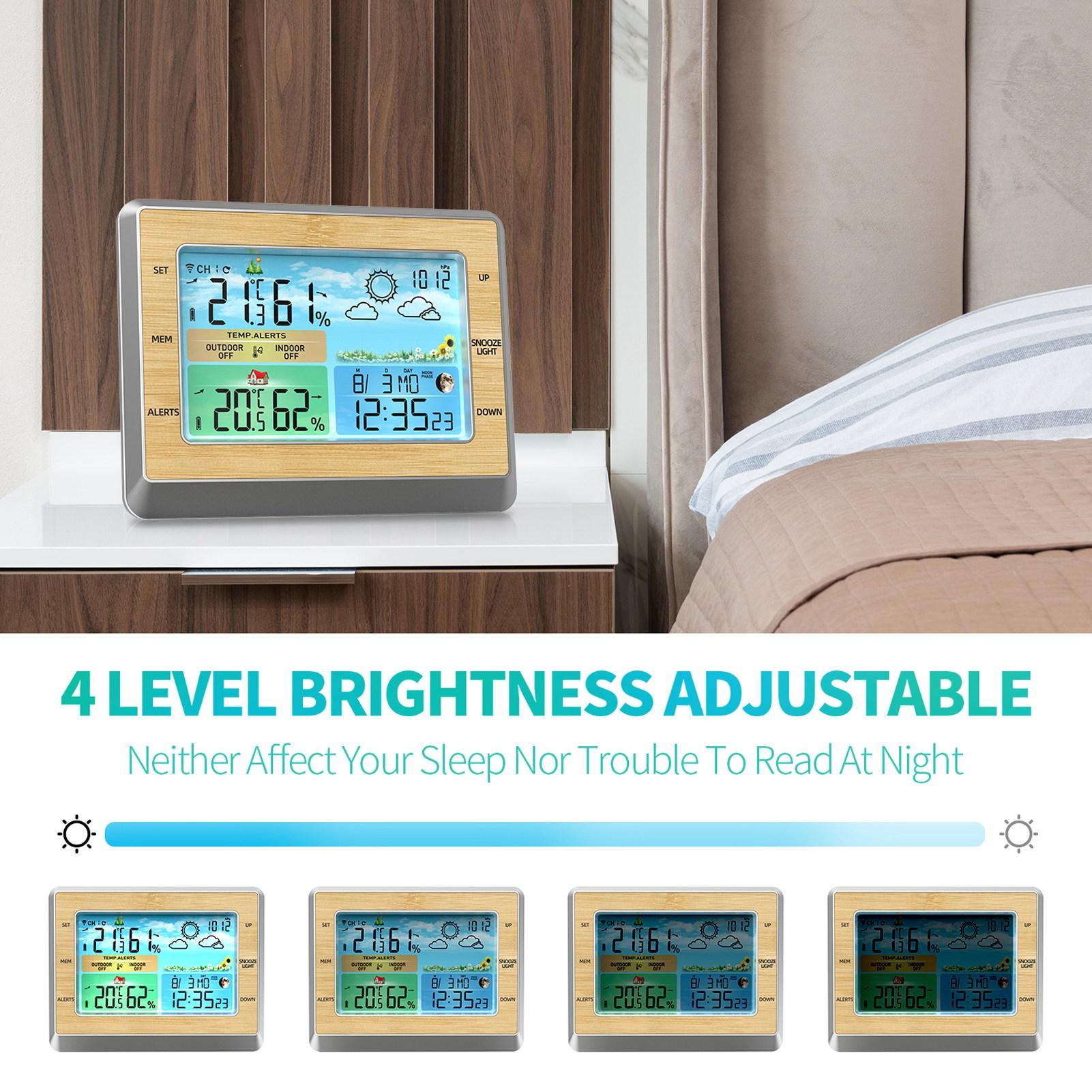 Large Color Screen Wireless Wther Station Clock with Brightness Adjust, Indoor Outdoor Temperature, Humidity Meter, USB Port