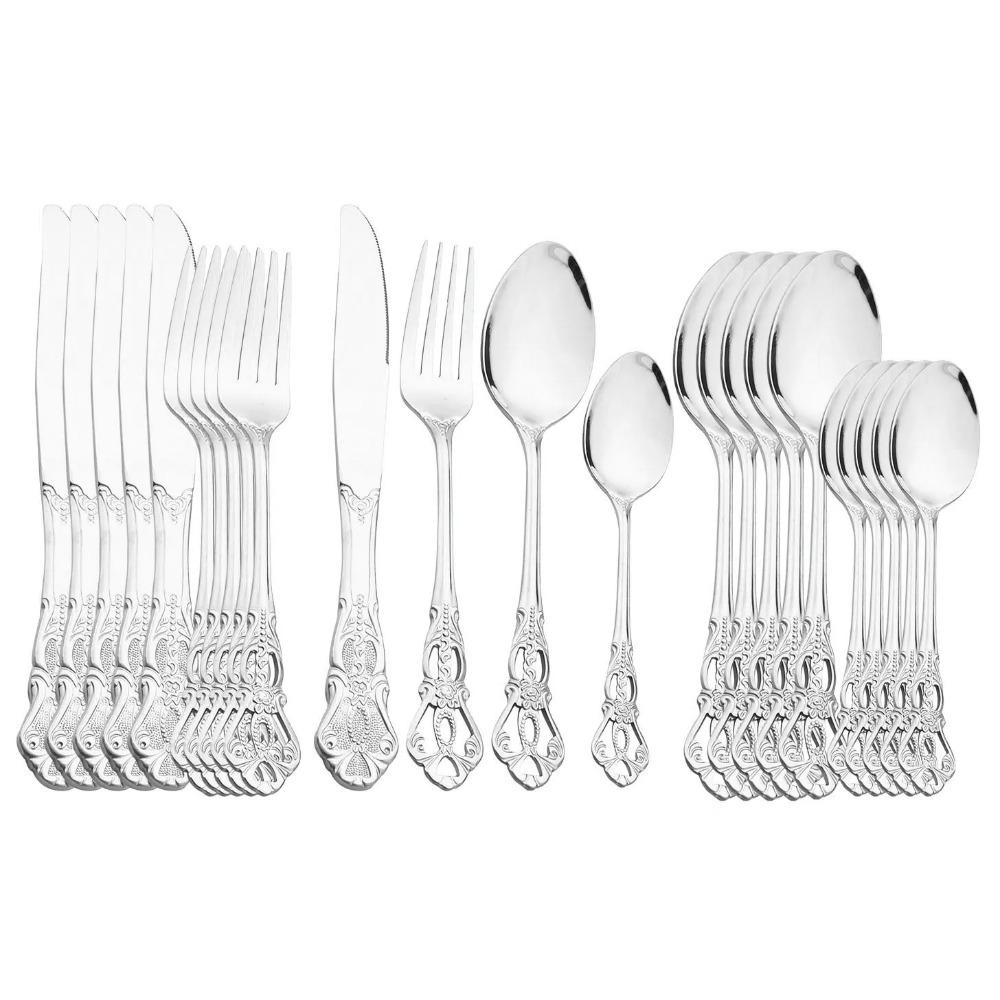 24Pcs Luxury Flatware Set Engraving Pattern Cutlery Set Stainless Steel Dinnerware SetVintage Western Knife Fork Spoon Tableware