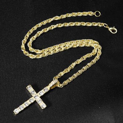 European American Hip Hop Rhinestone Cross Pendant Necklace with 4mm Rope Chain
