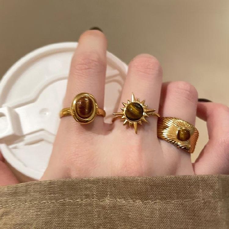 Geometric Tigers Eye Stone Ring Adjustable Size Irregular Gold Color Finger Ring Unique Gemstones Statement Jewelry