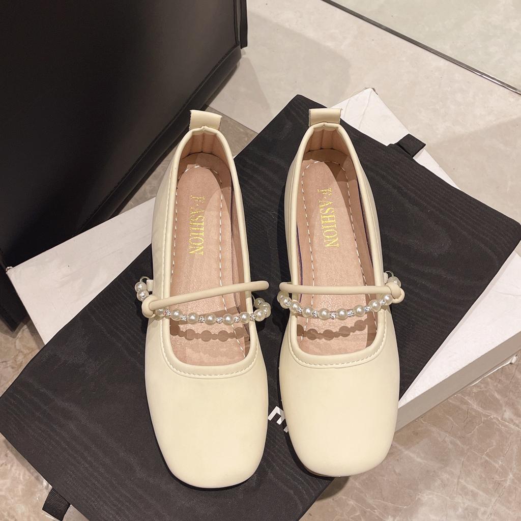 Leather shoes flat-soled single shoes  shallow mouth pearl one-word buckle with fashionable mesh women's soft sole