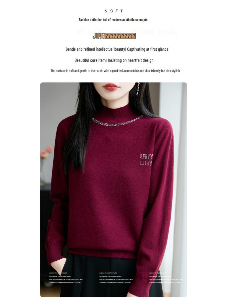 Autumn/Winter Rhinestone Semi-High Neck Knitted Sweater Top for Women