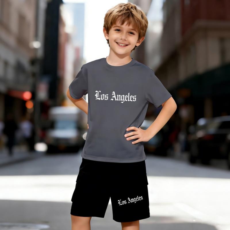 Boys 2 Piece Los Angeles Letter Print Outfit, Short Sleeve T-Shirt and Shorts Set for Kids Age 5-14, Black and White Sporty Casual Summer Clothes