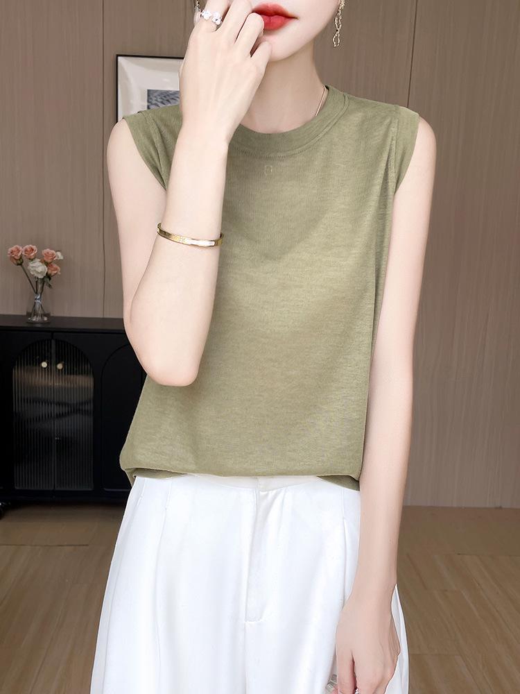 Minimalist Women's High Neck Fine Knit Thin Vest Pullover Camisole for Spring/Summer