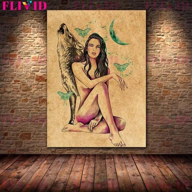 Wolf Woman And And Moon Wicca Vintage Wall Art Canvas Painting Daughters Of The Moon Art Poster And Print Home Decor No Frame