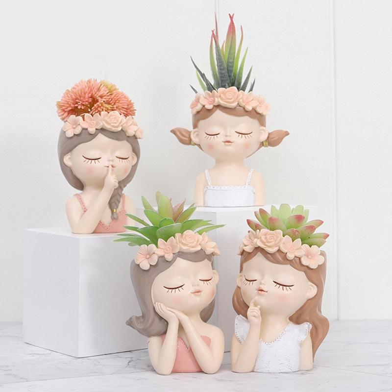 Cute Plants Flower Pot Resin Succulent Planter Flower Vases Little Girl Garden Decoration for Home Office Plant Pot
