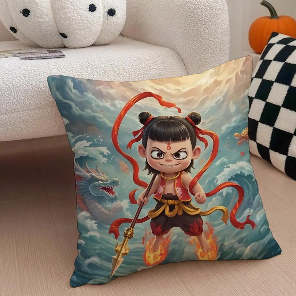 Chinese Anim Nezha Cushion Cover Throw Pillow Cover Hidden Button Durable Polyester Chair Cushion