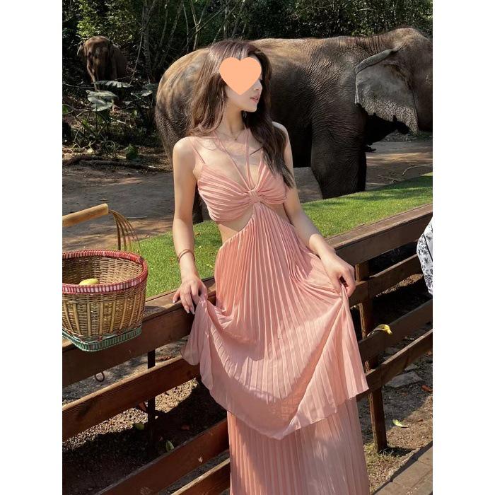 Alluring Irregular Cut-out Waist Slimming Strappy Pleated Long Dress One Size