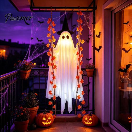 Ornements de Fête d'Halloween Suspendus Balançoire Fantôme Décoration d'Halloween avec Feuille d'Érable, Ornement Lumineux Créatif Aménagement de Festival Hauteur Réglable