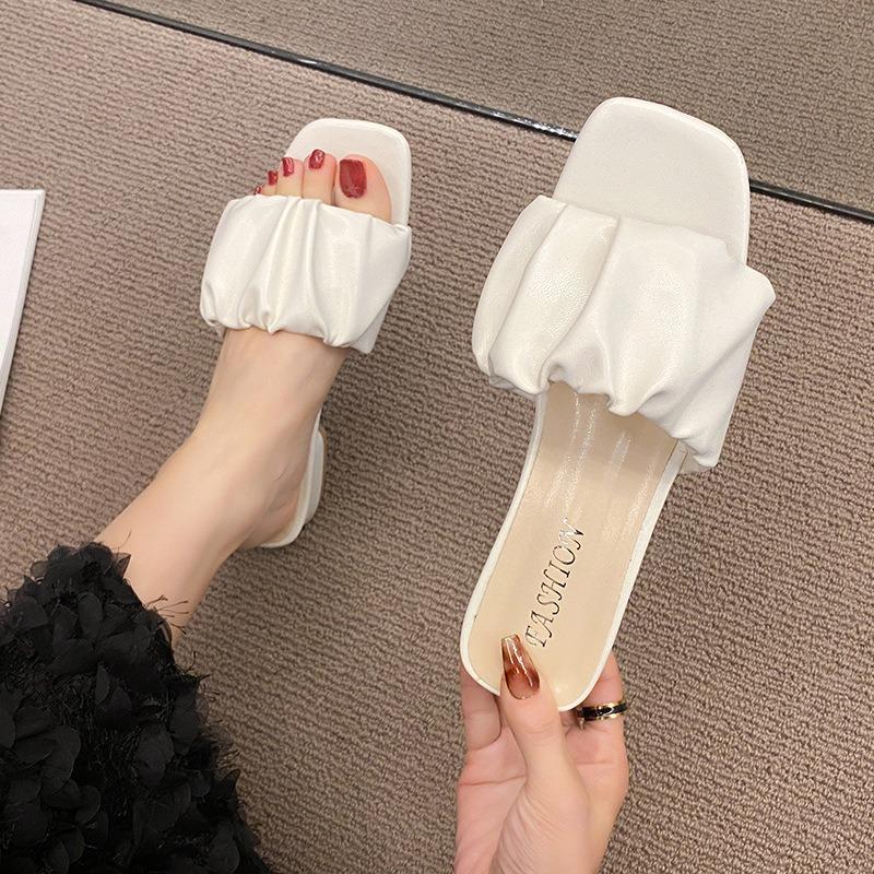 Spring and summer new high-heeled one-word slippers women's head lazy half-support fashion folds outer sandals children