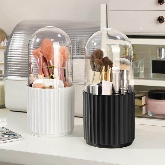 Makeup Brush Holder Transparent Dustproof Large Capacity Multi-compartment with Lid 360-degree Rotating Makeup Brush Display Case Office Supplies