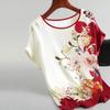 Plus Size Women's Silk Satin Blouse Spring Summer Floral Print O Neck Short Sleeve Casual Office Tops Fashion Shirt Blusas