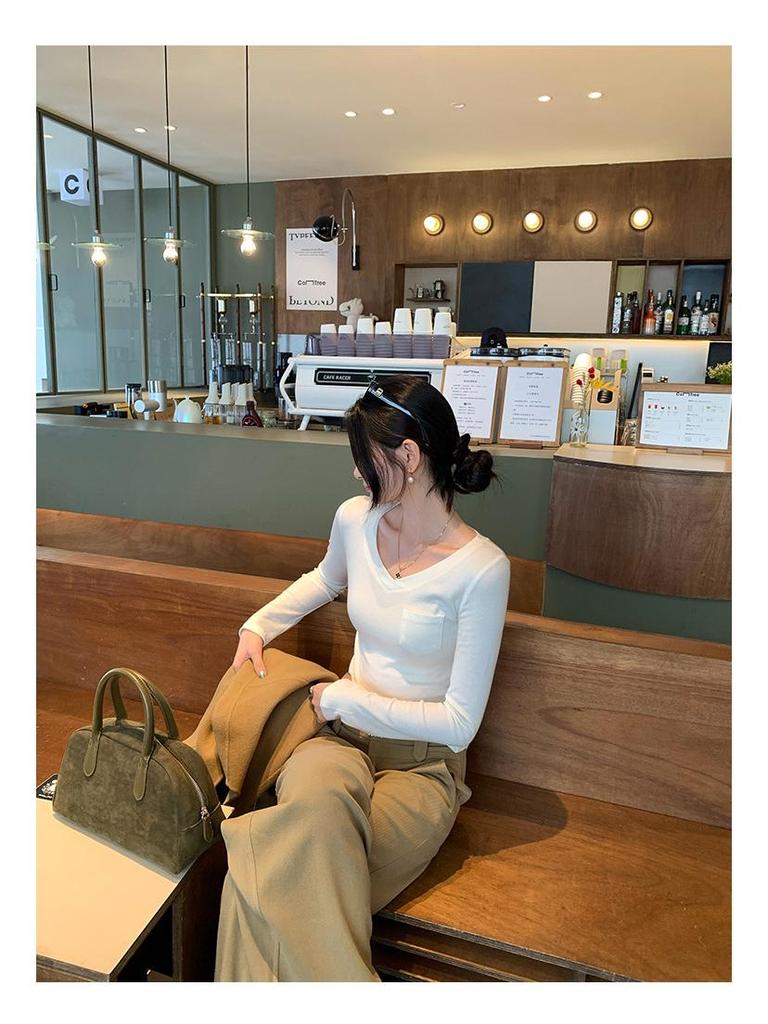 Korean Style Pink V-Neck Slimming Cropped Long Sleeve Women's Top - Autumn/Winter Collection