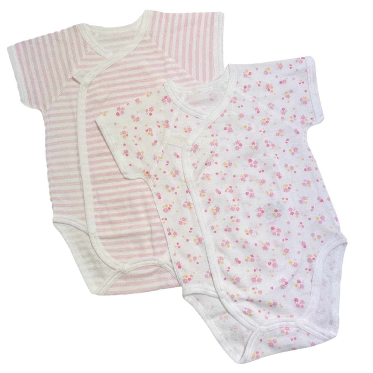 

Baby Made in Sizes Set of Short Floral Pink Stripes Rompers, Japan, 60-70cm, 2, Sleeves, Girls Underwear, 100% Cotton, Print,