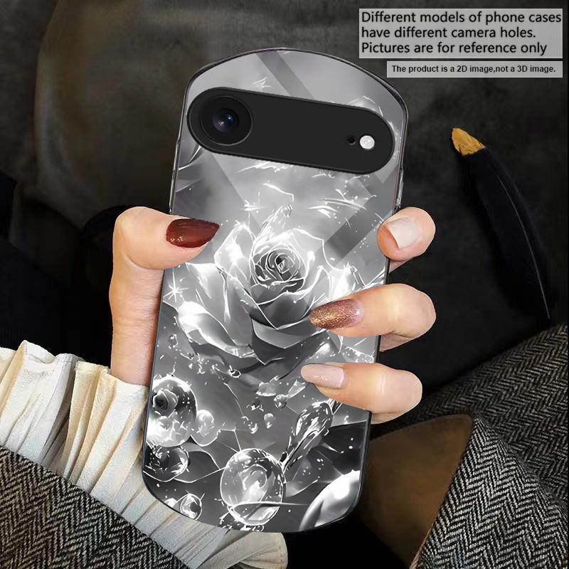 Ice crystal-colored roses For iPhone 17 16 15 14 Pro 13 Plus 12 mini 11 Pro Max XR X S 7 8 Elliptical Tempered Glass Phone Case
