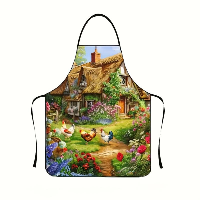 1pc Vintage Farmhouse Apron, 100% Polyester Fabric,Unisex Kitchen Apron For Cooking And Baking, Garden Chicken Design
