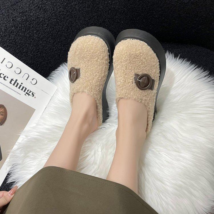 

[Юшилай] Круглоголовый ягненок шерсть на одной педали женский 2025 зима новый толстоподошвенный маффин повседневный универсальный хлопок швабра 40 хаки