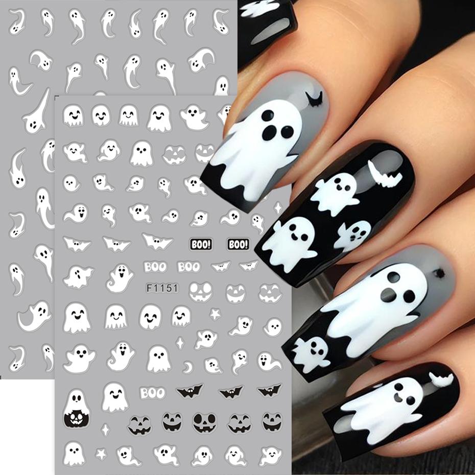 2pcs Luminous Halloween Spooky Nail Stickers White Ghost Pumpkin Design Decals Glow In The Dark Manicure Nail Art Decorations