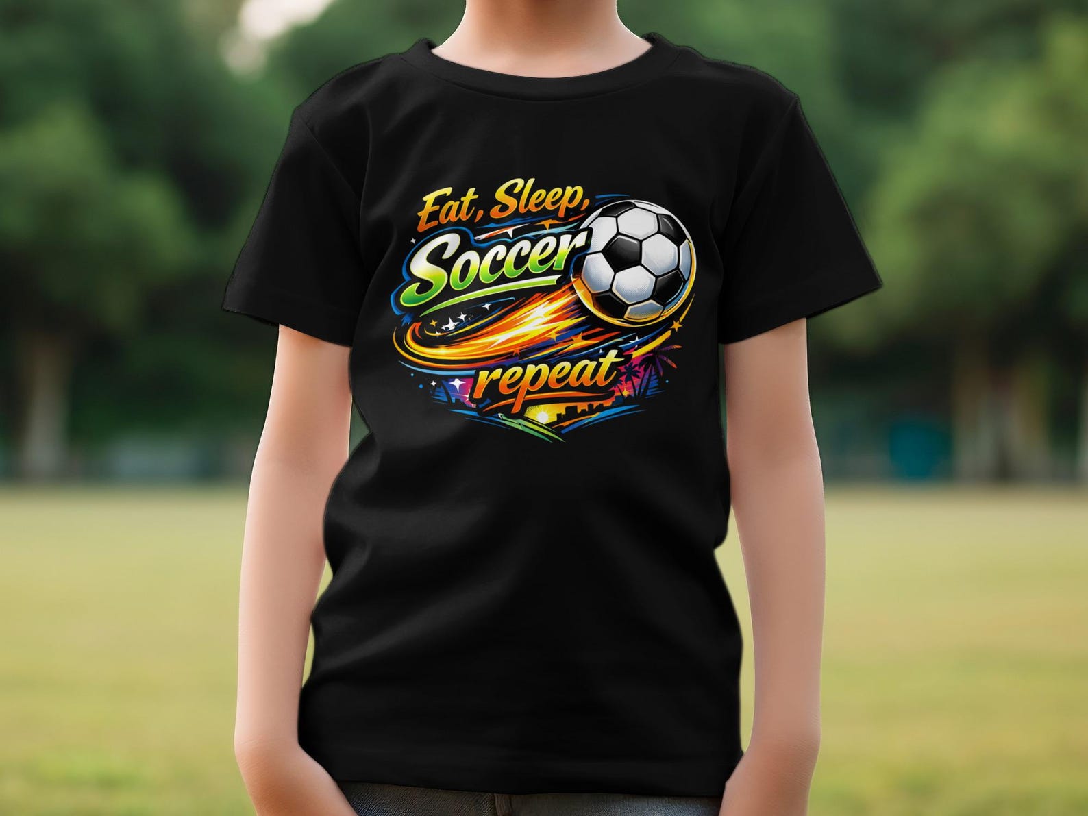 Eat Sleep Soccer Repeat T-Shirt, Vibrant Football Graphic Tee, Youth Soccer Apparel 2XL