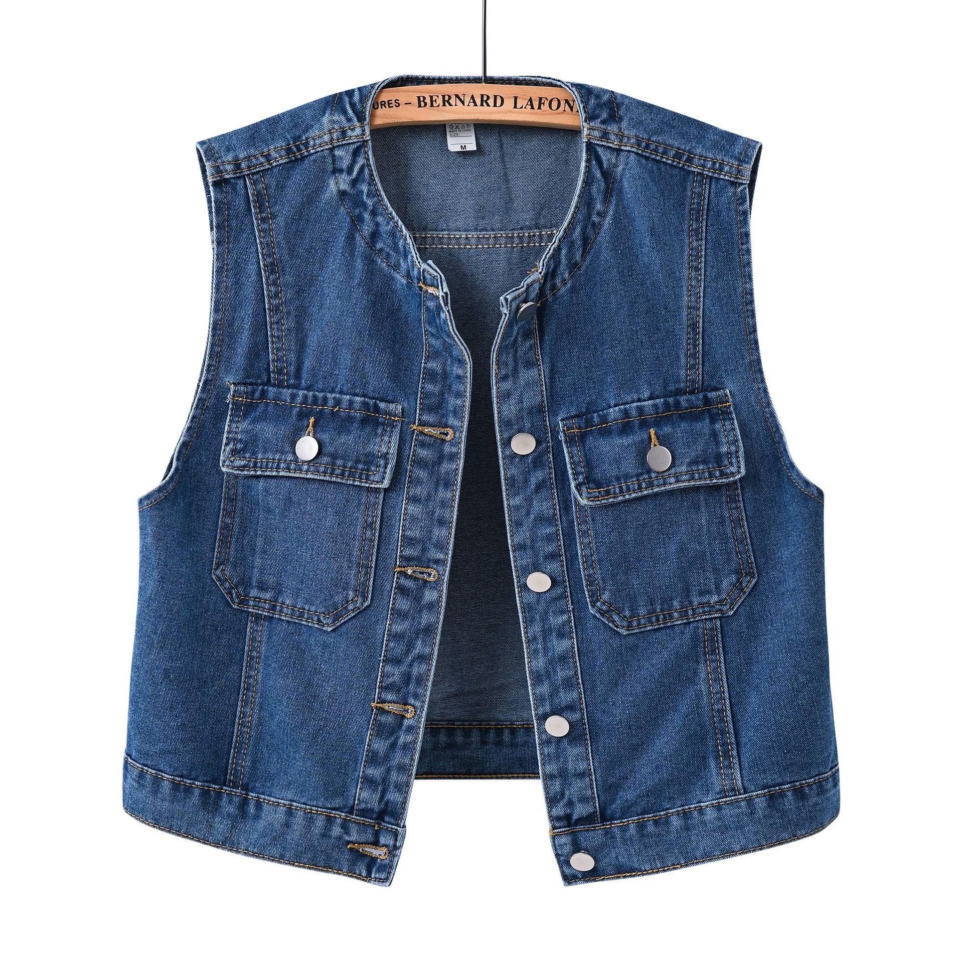 

Женский джинсовый жилет-топ с круглым вырезом, без рукавов, короткий, повседневный, ретро, приталенный и стильный блейзер S синий