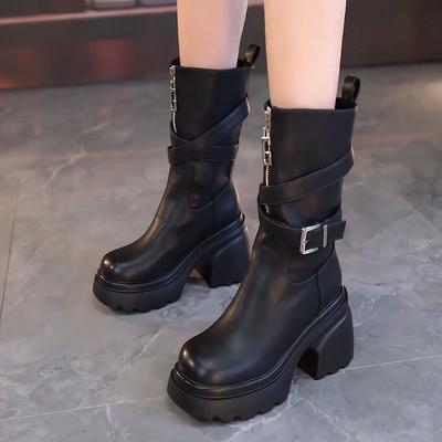 Soft Leather Thick-soled Small Thick-heeled Short Boots Women's Martin Boots, New High-heeled Belt Buckle Medium Boots In Autumn and Winter 2025