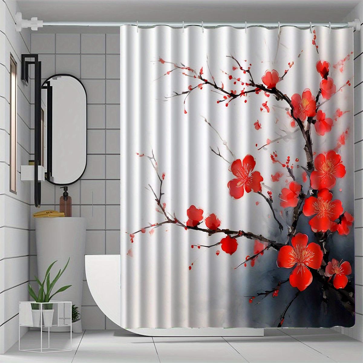 

1Pc Red Plum Blossom Print Shower Curtain, Polyester Fabric, Machine Washable, With Hooks, Suitable For Bathroom Decoration W60H190(CM)-1 Pcs
